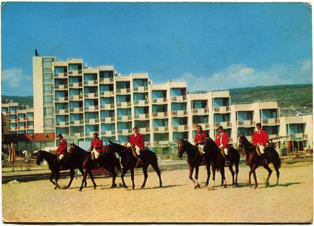 Riders on the front of the hotel, Albena.