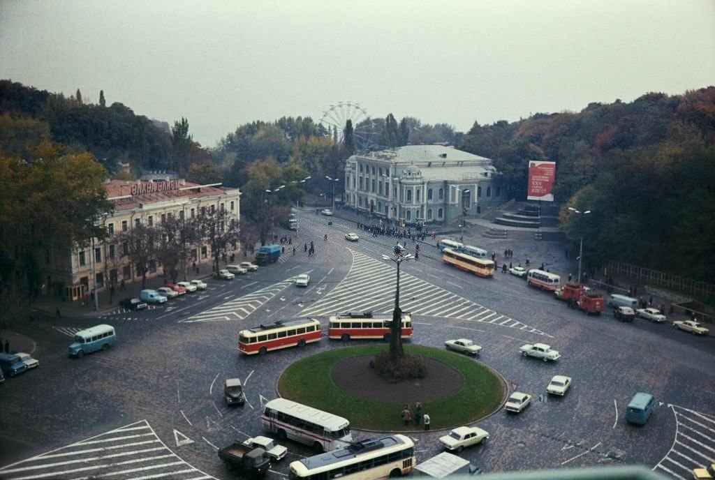 Hotel Dnipro, near Khreshchatyi Park, a city park in Kyiv located next to the European Square, 1975
