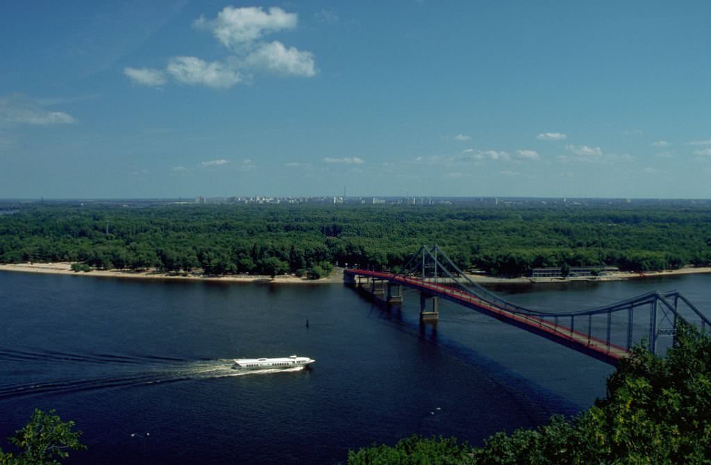 The Dnieper River flows through a forested area in the Ukraine, near kyiv, 1975