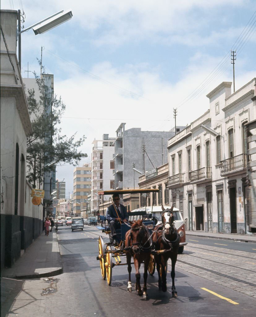 View of a street of Las Palmas with the house of Christopher Columbus, Canary Islands, Spain, 1960.