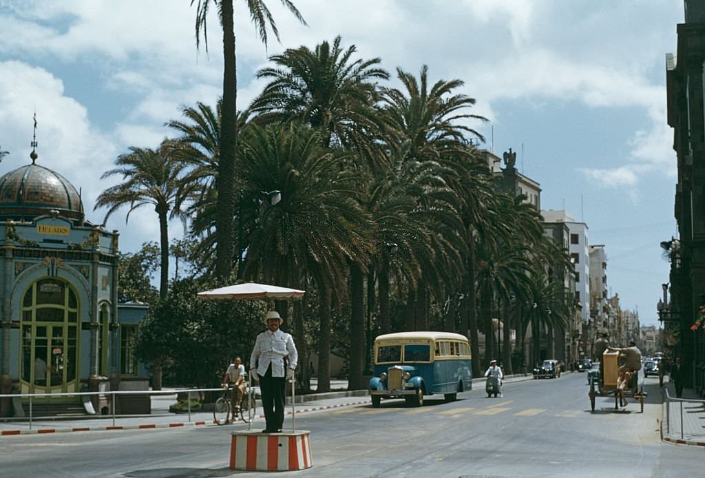 A traffic policeman near the Parque San Telmo in Las Palmas, on Gran Canaria in the Canary Islands, 1955.