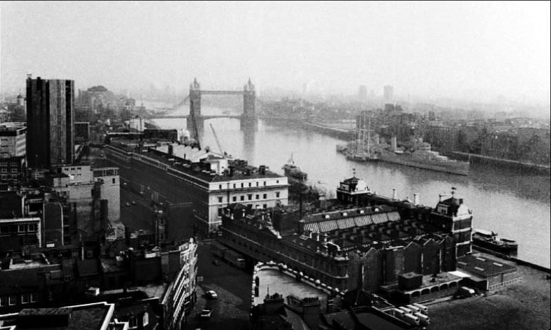 Looking downriver towards Tower Bridge and HMS Belfast, London, March 1972