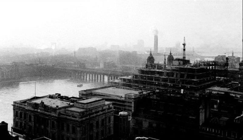 Looking upriver towards Tate Modern from the Monument, London, March 1972