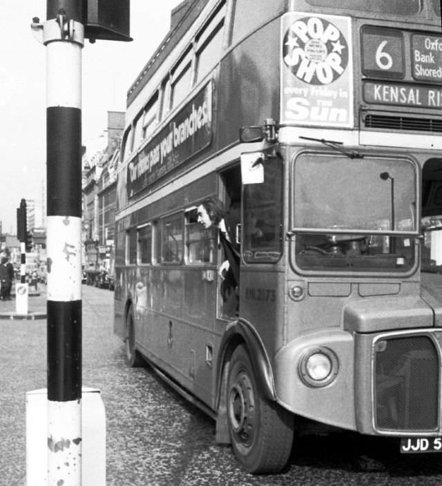 Routemaster double-decker number 6 bus on Farringdon Road on the way to Kensal Rise, London, March 1973