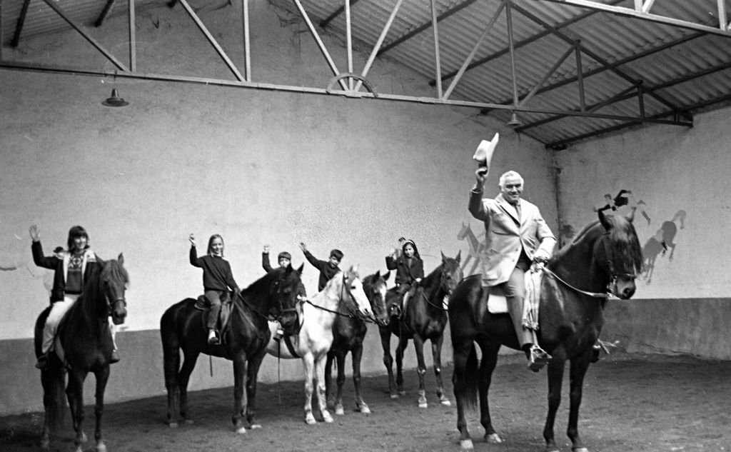 American actor Lorne Greene in a riding school, Madrid, Spain, 1966.
