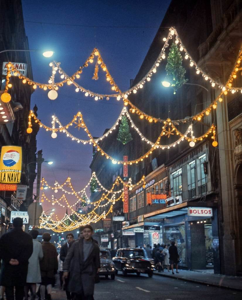 A Madrid street decorated with Christmas lights, in Madrid, 1960