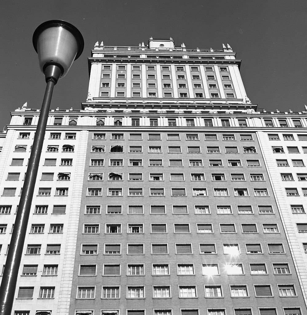 View of the Edificio Espana in the Plaza de Espana, Madrid, Spain, 1968.