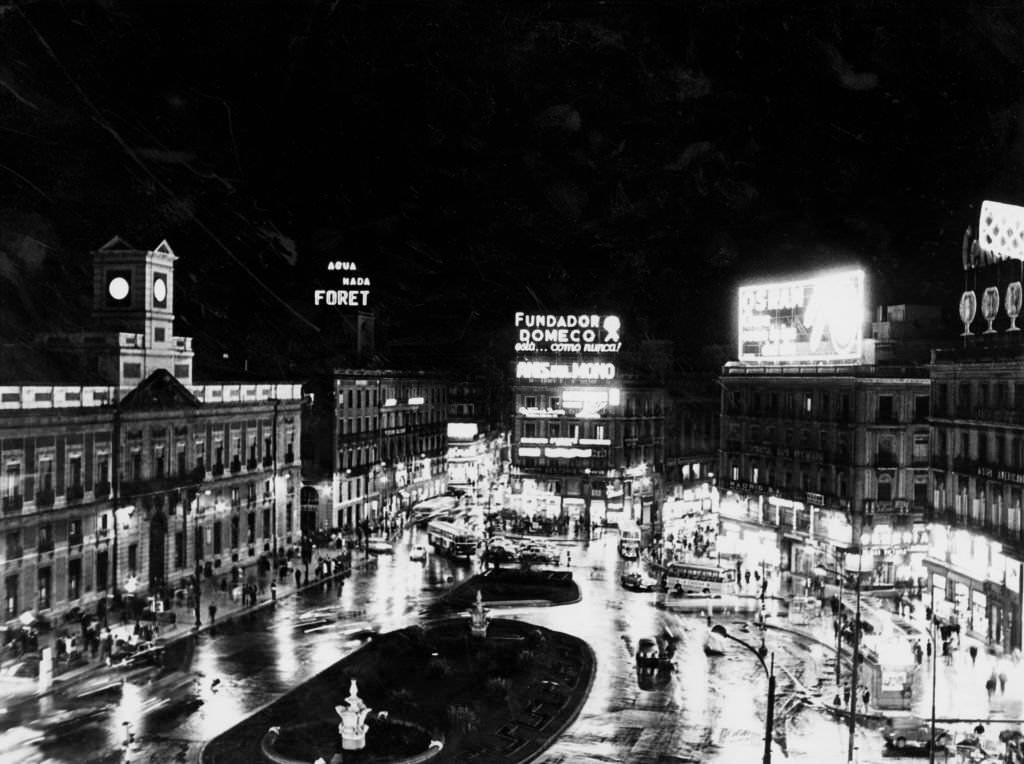 Puerta del Sol by night, Madrid, 1960s