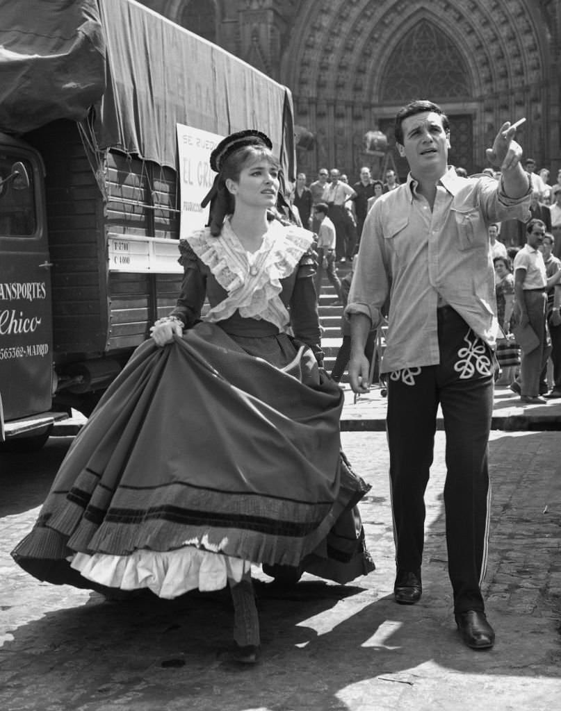 The Italian actress Serena Vergano and the Spanish Actor Paco Rabal filming the movie Mathias Sandorf, 1963, Madrid, Spain.