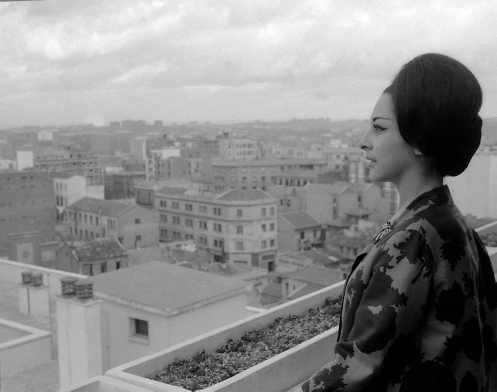 Spanish dancer Lucero Tena on the balcony of her house, Madrid, Spain, 1964.