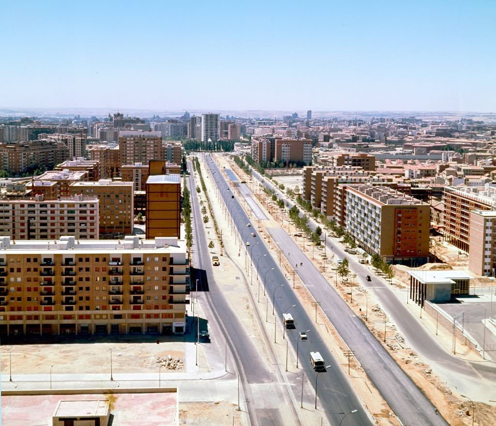 Elevated view of the Paseo de la Castellana, Madrid, Spain, 1965.