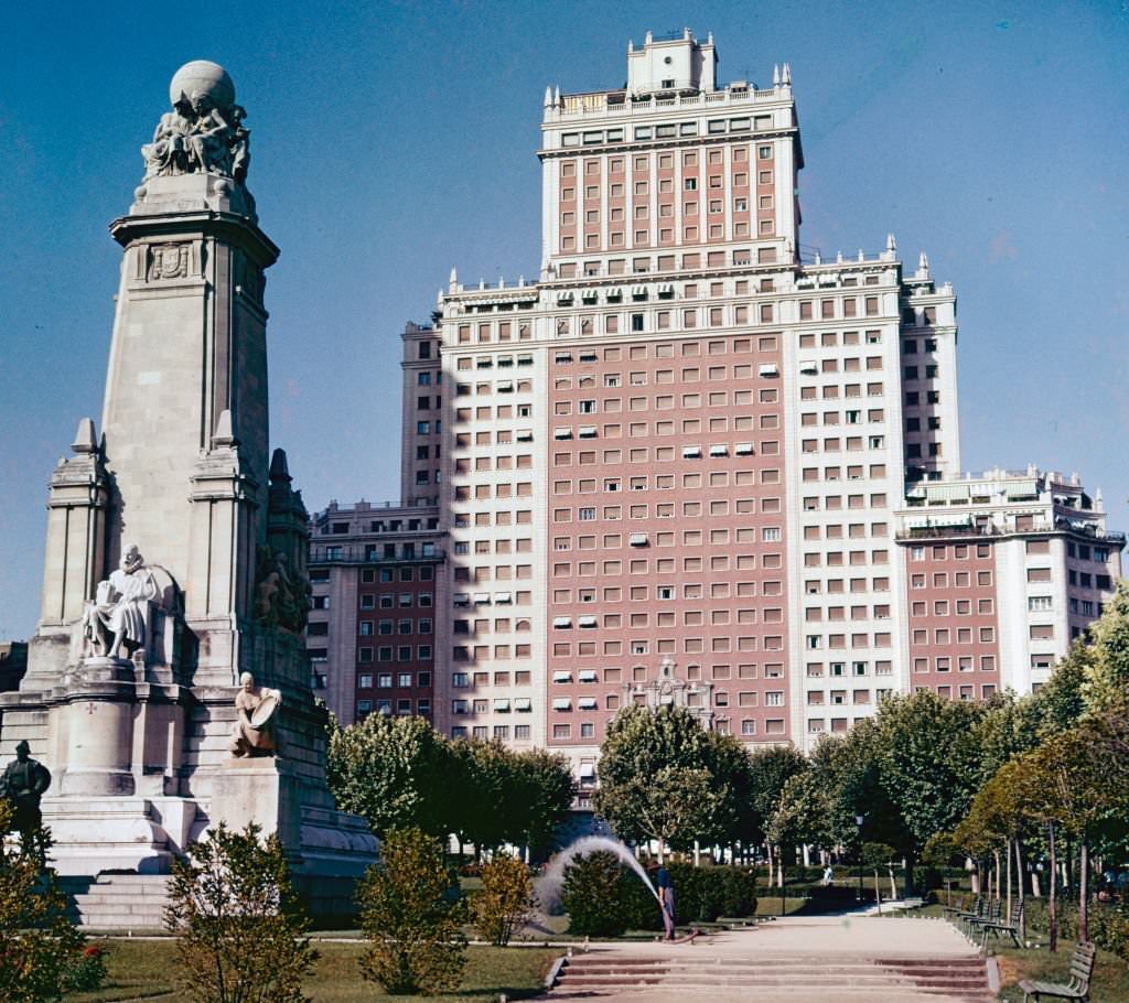 View of the pa de Espana, with the Miguel de Cervantes Monument (left), and the Edificio Espana (rear), Madrid, Spain, 1965.