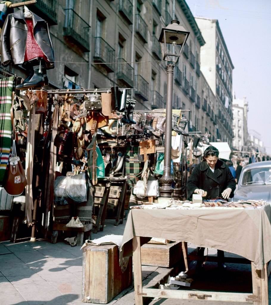 View of an open-air market know as the Rastro, Madrid, Spain,1965.