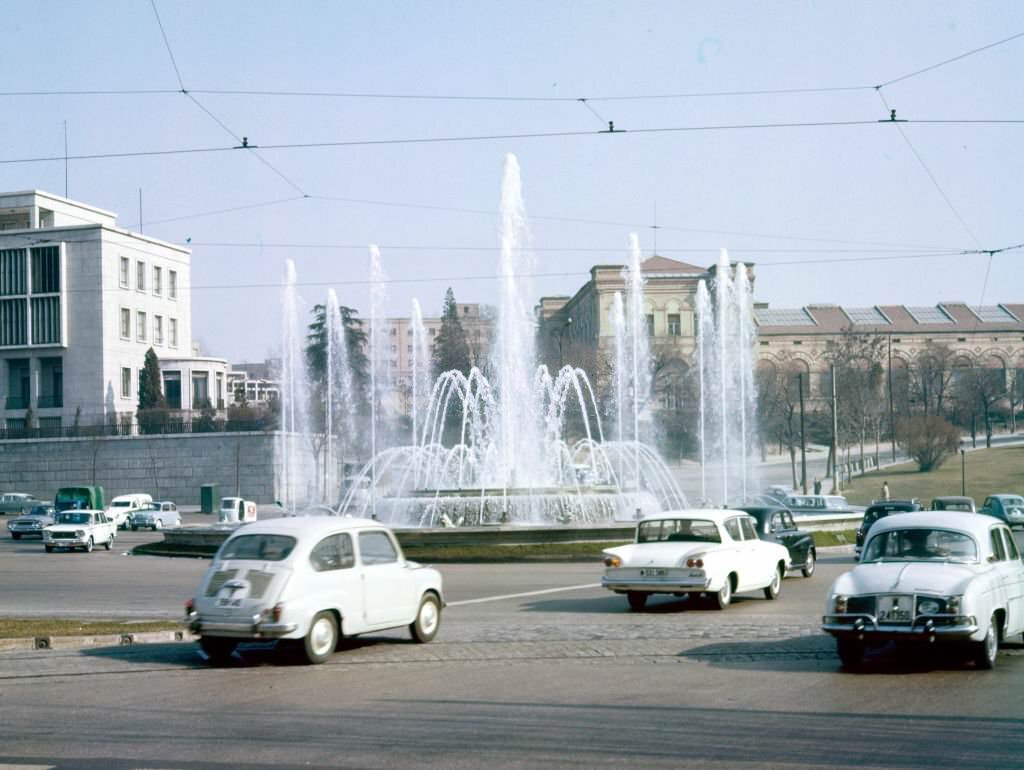 View of the fountain at the Plaza San Juan de la Cruz, Madrid, Spain, 1965.