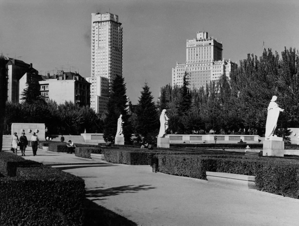 View from Park Palacio Real to the skyscrapers at Plaza de Espana, Madrid, 1960s