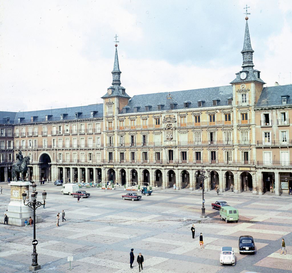 View, over the Plaza Mayor, of the Casa de la Panaderia, Madrid, Spain, 1965.