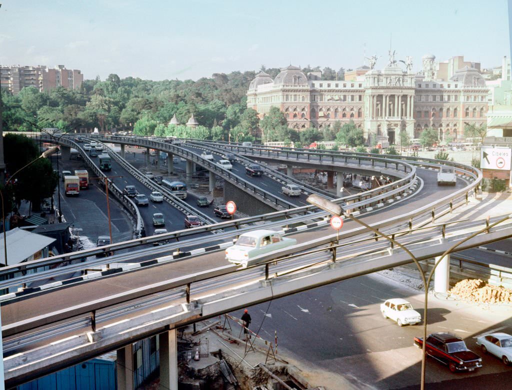 Elevated view of a traffic overpass in the Plaza del Emperador Carlos V (also known as Plaza de Atocha), Madrid, Spain, 1965.