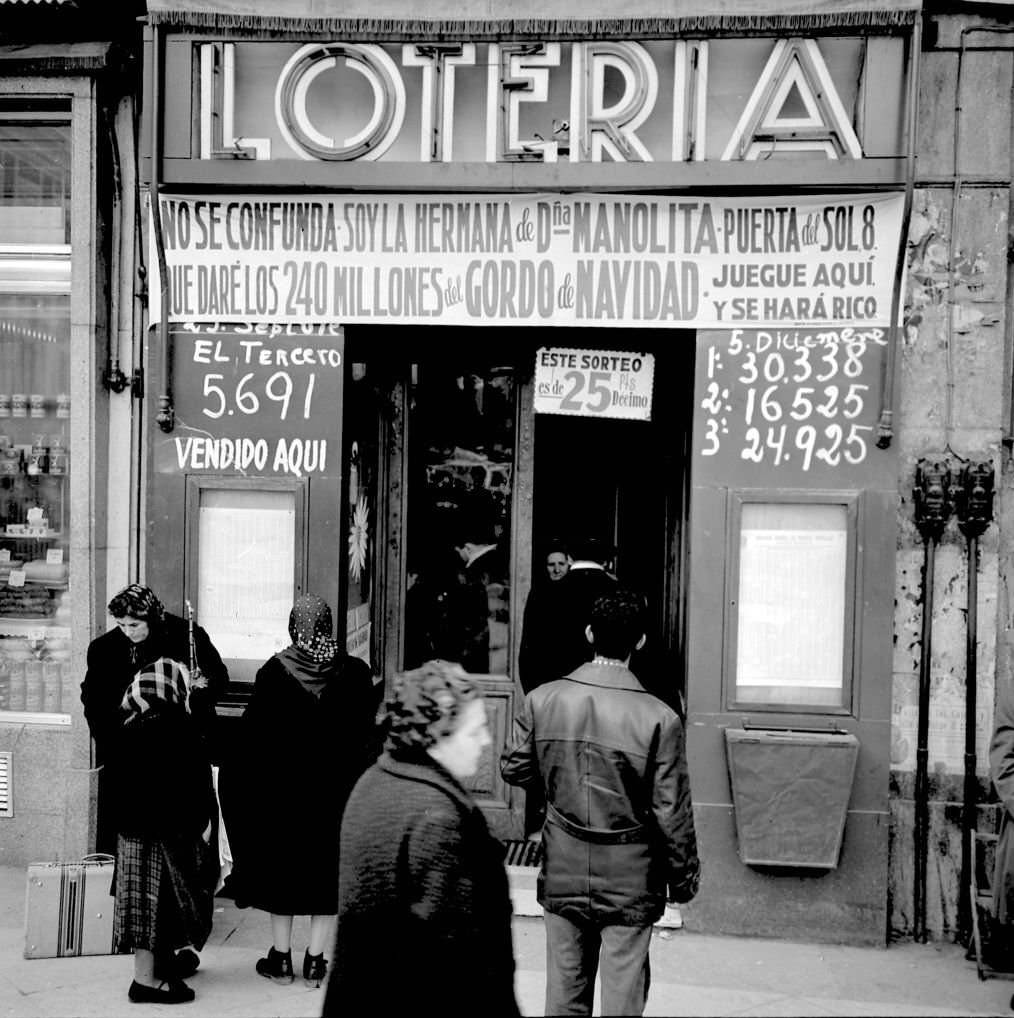 Establishment where the Lottery is sold in the Puerta del Sol approximately during the decade of 1960 in Madrid, Spain.