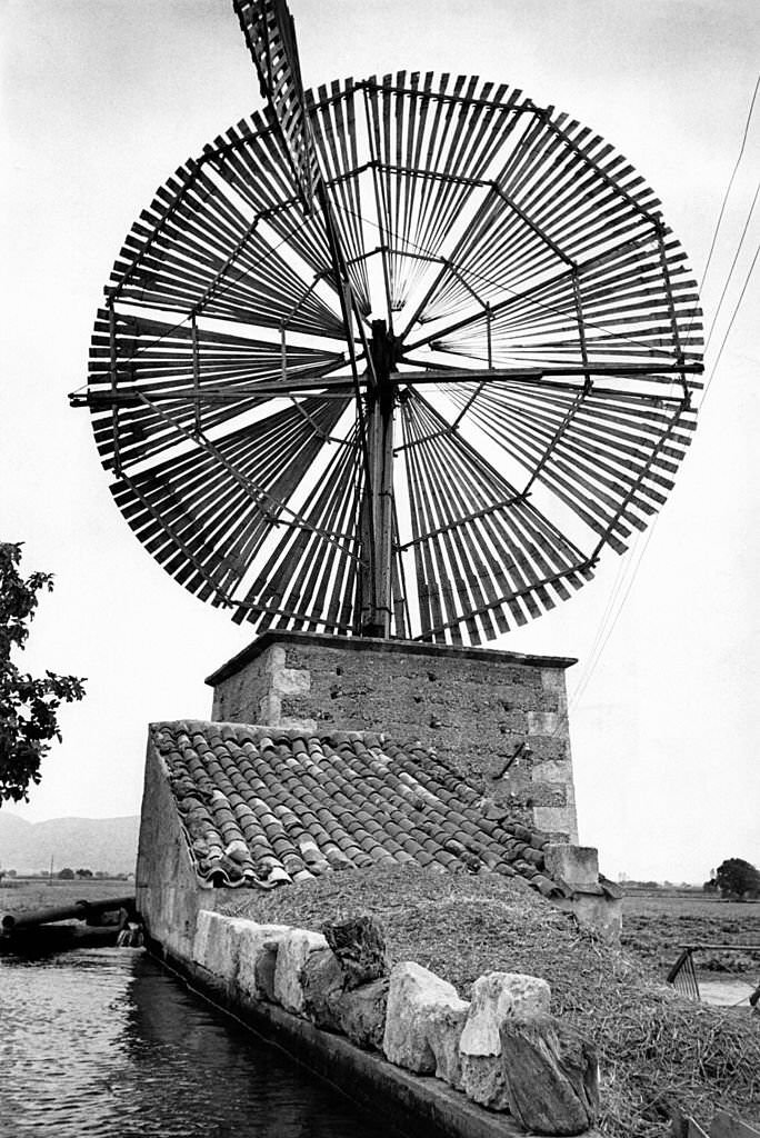 Typical Wind turbine in Mallorca (these windmills used for pumping water for irrigation of agricultural land), 1950 in Majorca.