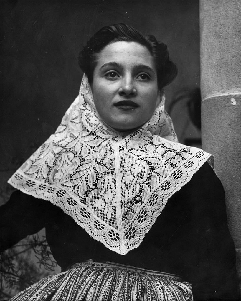 A Majorcan woman wearing a lace headscarf, Mallorca, 1950