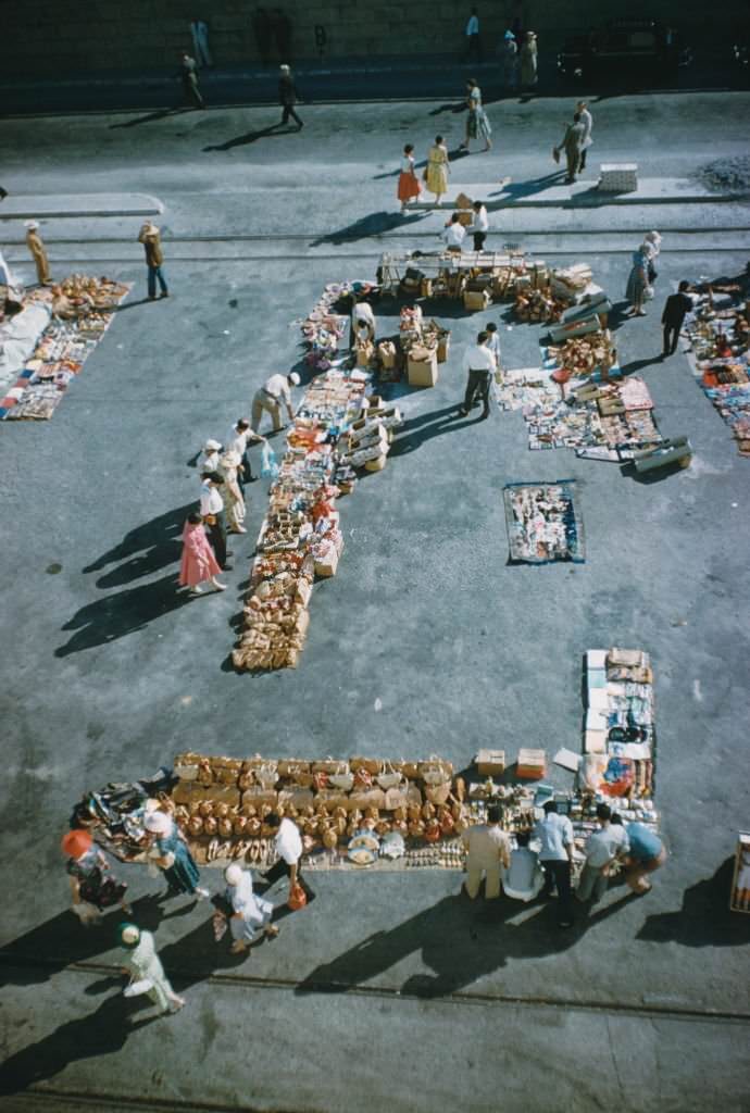 A street market in Majorca, Spain, July 1957.
