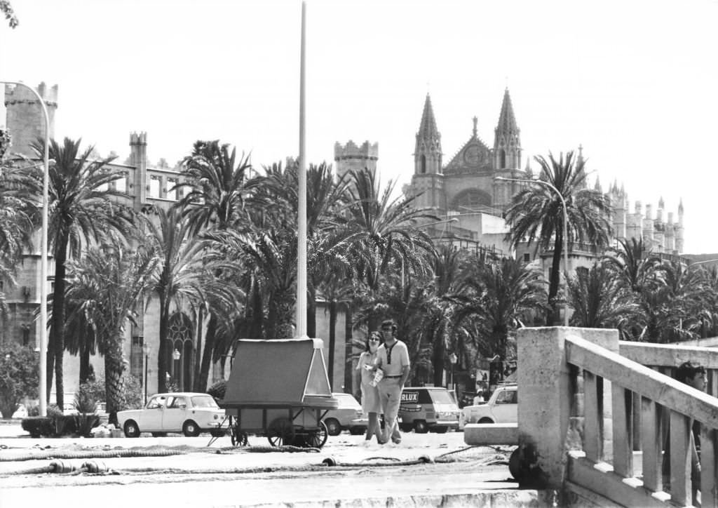 The boulevard with the cathedral in Palma de Mallorca, 1972