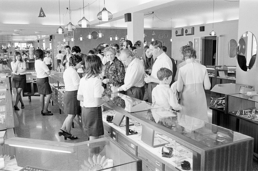 Looking for bargains, souvenir shopping, Majorca, Spain, August 1971.