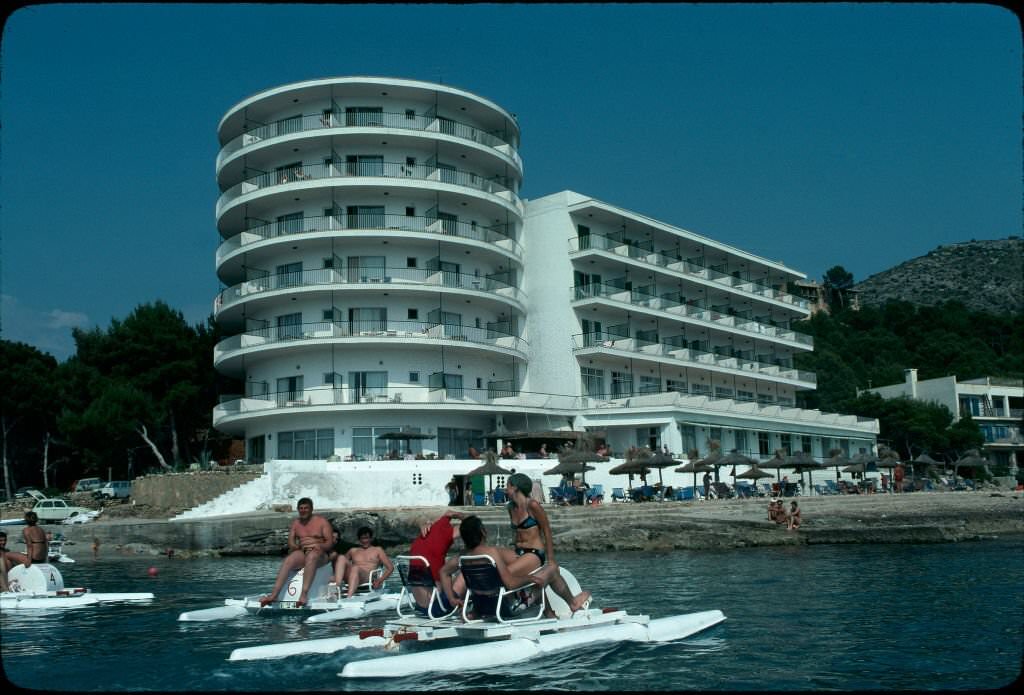 Hotel in Mallorca, tourists on pedalo, Mallorca,Hotel in Mallorca, tourists on pedalo, Mallorca