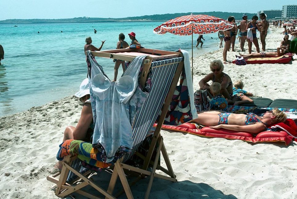 Bathing beach Cala Millor, Mallorca 1976,Bathing beach Cala Millor, Mallorca 1976