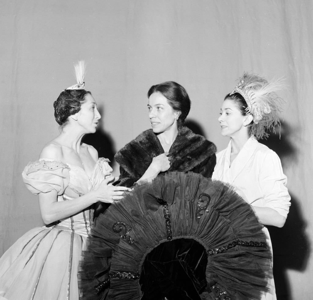 Maria Tallchief and Margot Fonteyn attend a gala charity matinee of ballet in aid of the Royal Academy of Dancing, at the Theatre Royal, 1960.