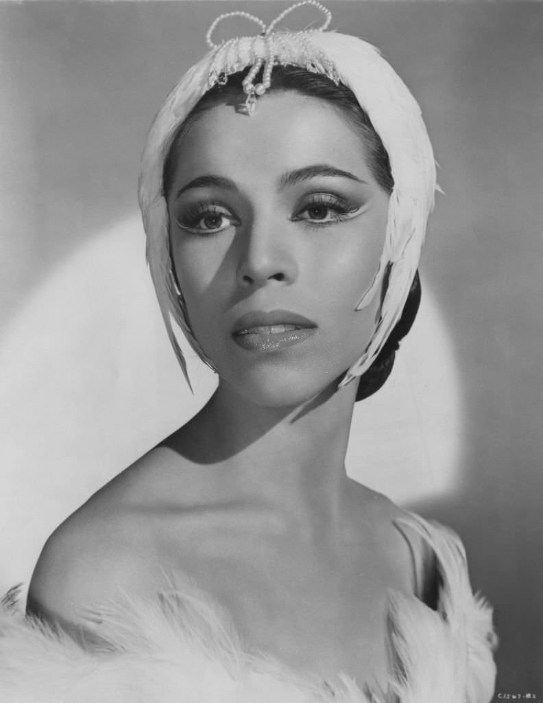 American ballerina Maria Tallchief in 'Swan Lake' ballet costume, 1952