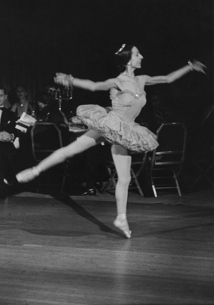 Maria Tallchief performing at the Ballet Ball held at the Waldord-Astoria Hotel in occasion of a benefit event of the New York City Ballet company, 1950