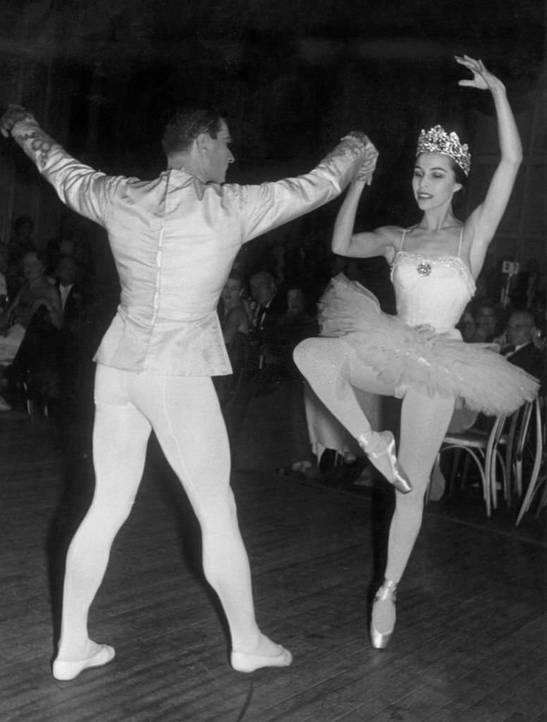 Maria Tallchief and a male dancer performing on the floor of the Grand Ballroom at Elsa Maxwell's 'Eight Ball' party at the the Waldord-Astoria Hotel, New York City, 1950