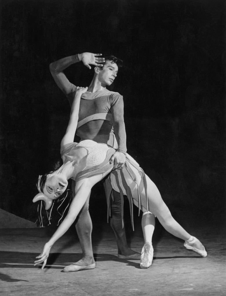 Maria Tallchief and Mexican dancer Nicholas Magallanes performing as 'Eurydice' and 'Orpheus' in Balanchine's neoclassical ballet 'Orpheus', at the New York City Ballet, 1948