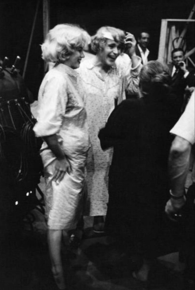 Marilyn Monroe with drama coach, Paula Strasberg and Jack Lemmon, on the set of Some Like It Hot, September 1958.