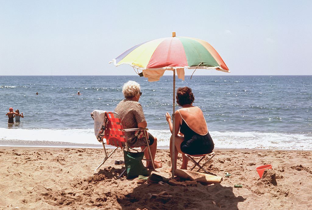 View of the beach of Mijas, 1975, Malaga, Spain.