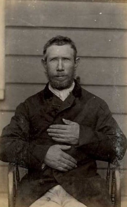 Charles Rowland (b. 1840, England). Charged with conspiring to cheat and sentenced to 2 years on January 5, 1886. Photograph taken on July 30, 1887 at the Lyttleton gaol.