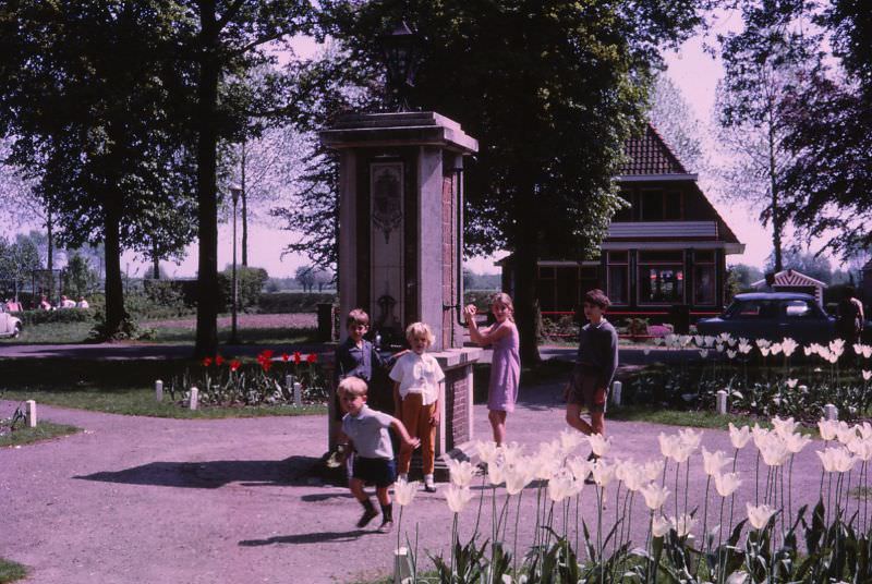 Day out with tulips, drinking fountain at De Haar Castle, Utrecht, Netherlands, 1966