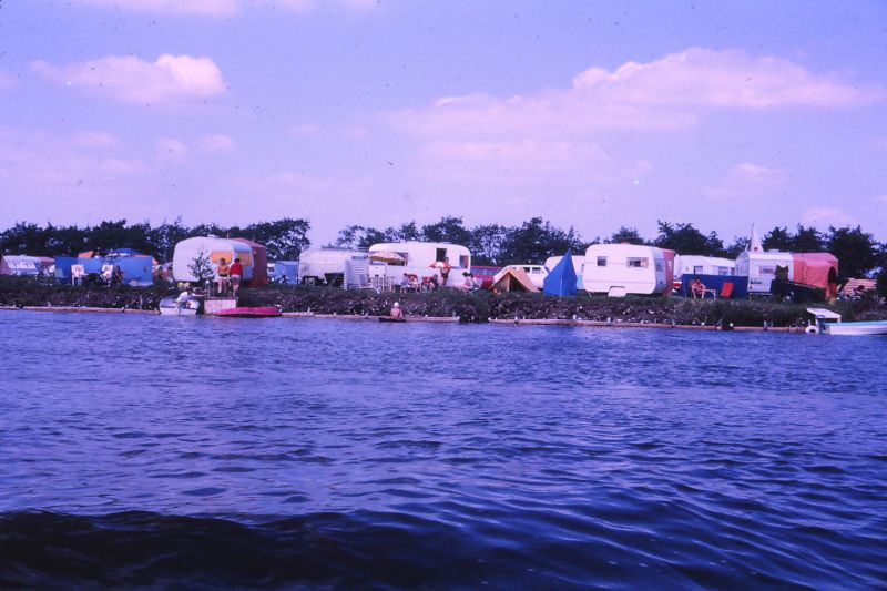 Caravans, holiday makers, family campground, Netherlands, 1966