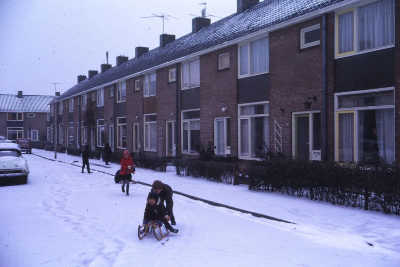 Fun in the Snow, playing on Appelstraat, Woerden, Netherlands, 1966