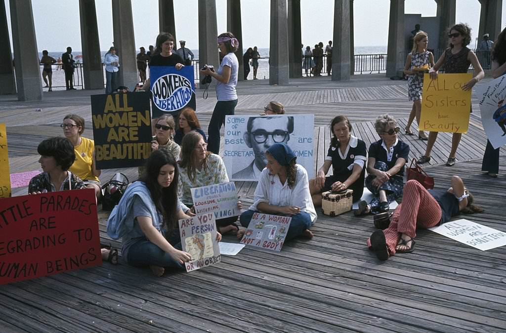 A protest against the Miss America Pageant on the boardwalk at Atlantic City, New Jersey, 6th September 1969.