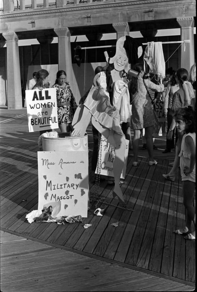 Freedom Trash Can' on the Atlantic City Boardwalk during a protest against the Miss America beauty pageant, Atlantic City, 1968.