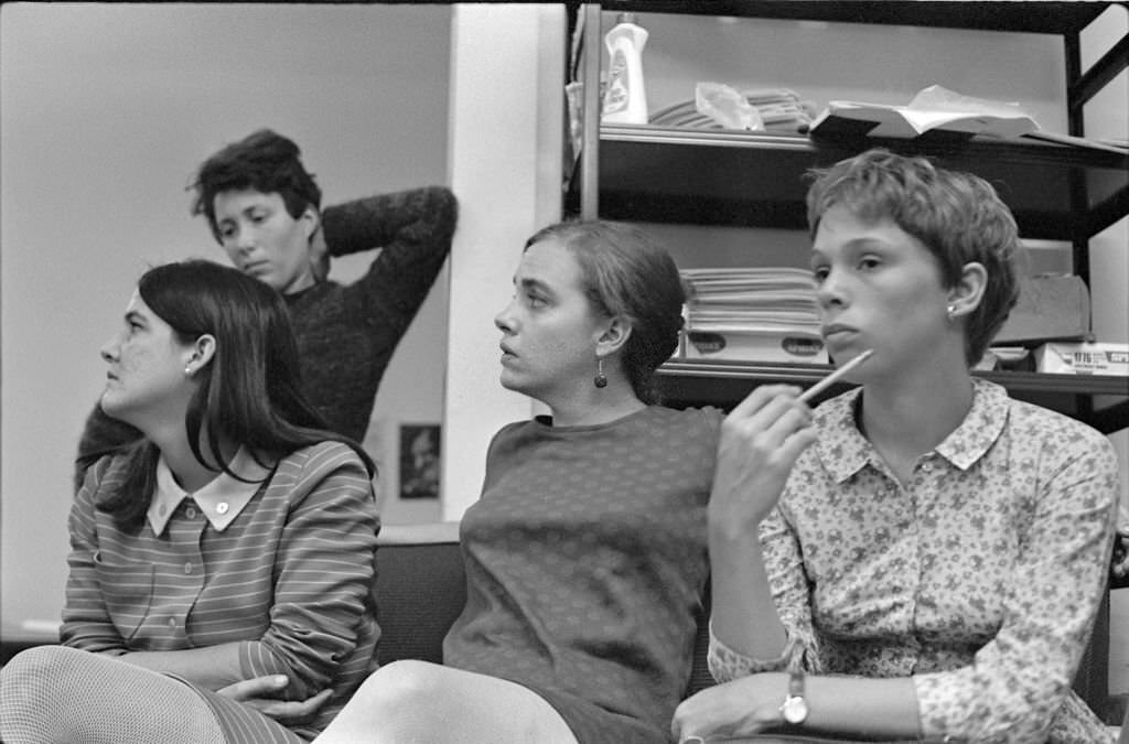 At the Southern Conference Educational Fund (SCEF) office, members of the New York Radical Women group attend a meeting to plan a protest at the Miss America beauty pageant, New York, March 1968.