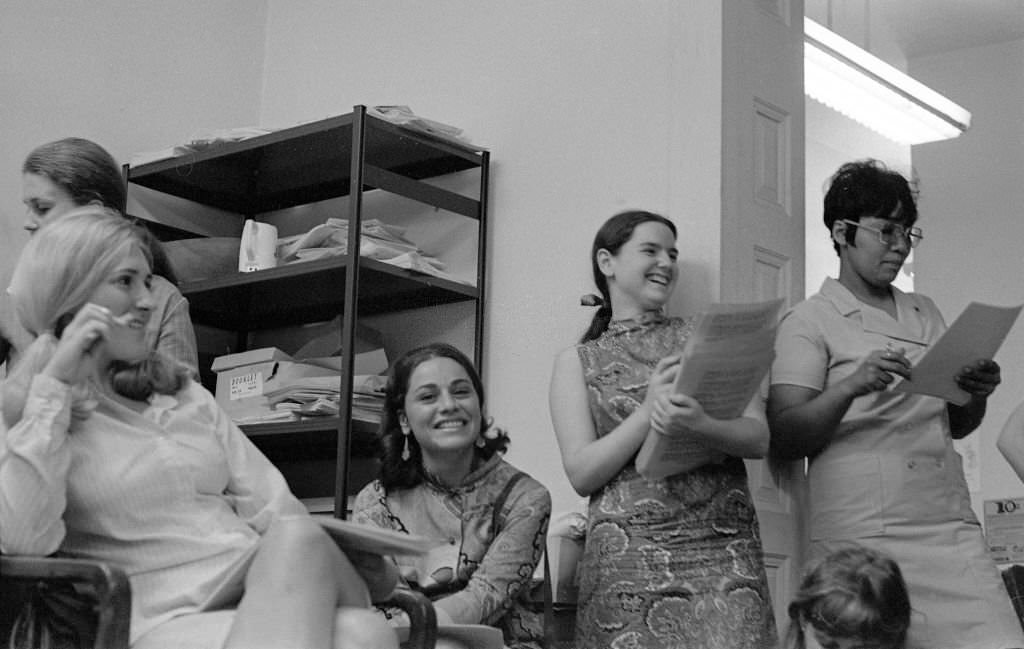 At the Southern Conference Educational Fund (SCEF) office, members of the New York Radical Women group attend a meeting to plan a protest at the Miss America beauty pageant, New York, 1968.