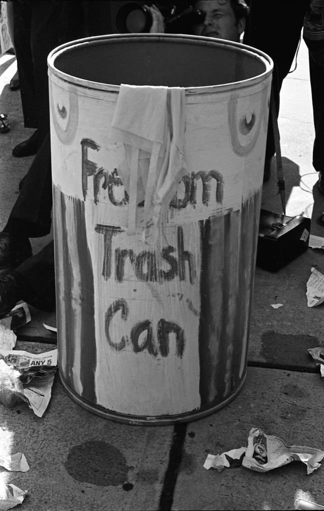 Freedom Trash Can' on the Atlantic City Boardwalk during a protest against the Miss America beauty pageant, Atlantic City, New Jersey, September 7, 1968.
