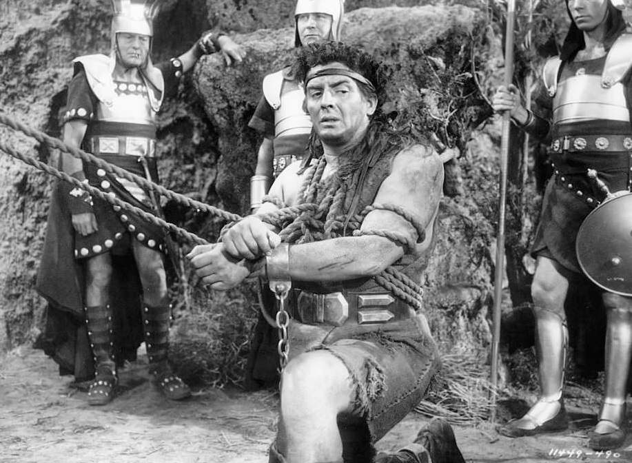 Victor Mature is tied up in a scene from the film 'Samson And Delilah', 1949.
