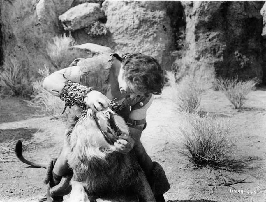 Victor Mature opening up mouth of lion in a scene from the film 'Samson And Delilah', 1949.
