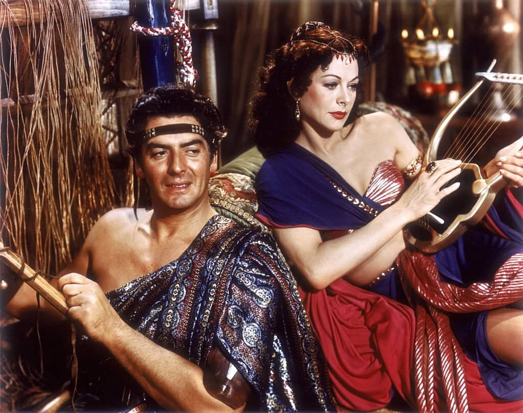 Victor Mature and Hedy Lamarr on the set of 'Samson and Delilah'