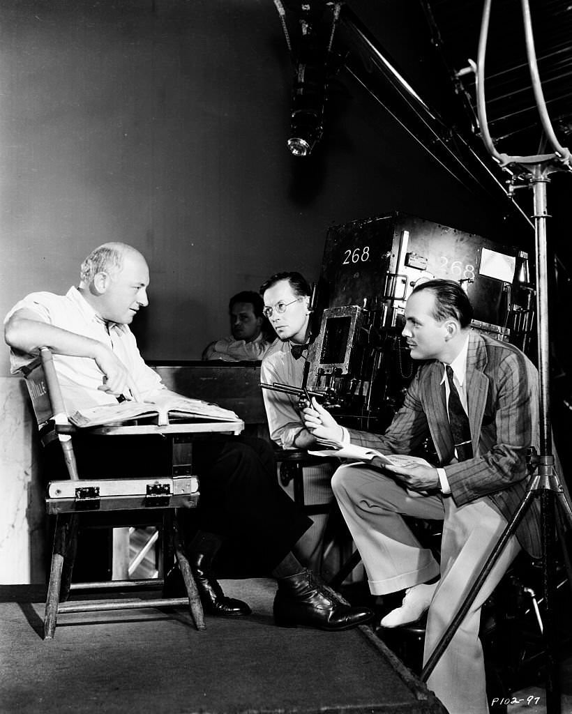 Cinematographer George Barnes and filmmaker Cecil B DeMille on the set of the film 'Samson and Delilah', 1949