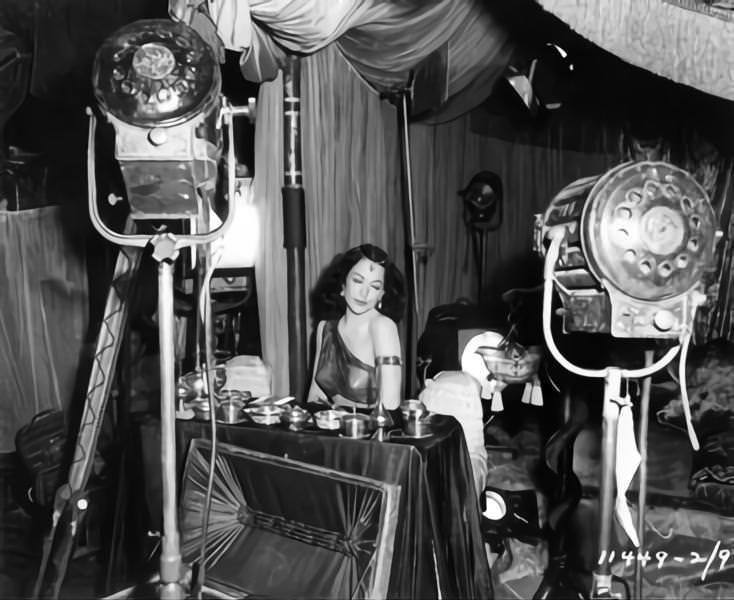 Hedy Lamarr on set candid during filming of 'Samson and Delilah', 1949